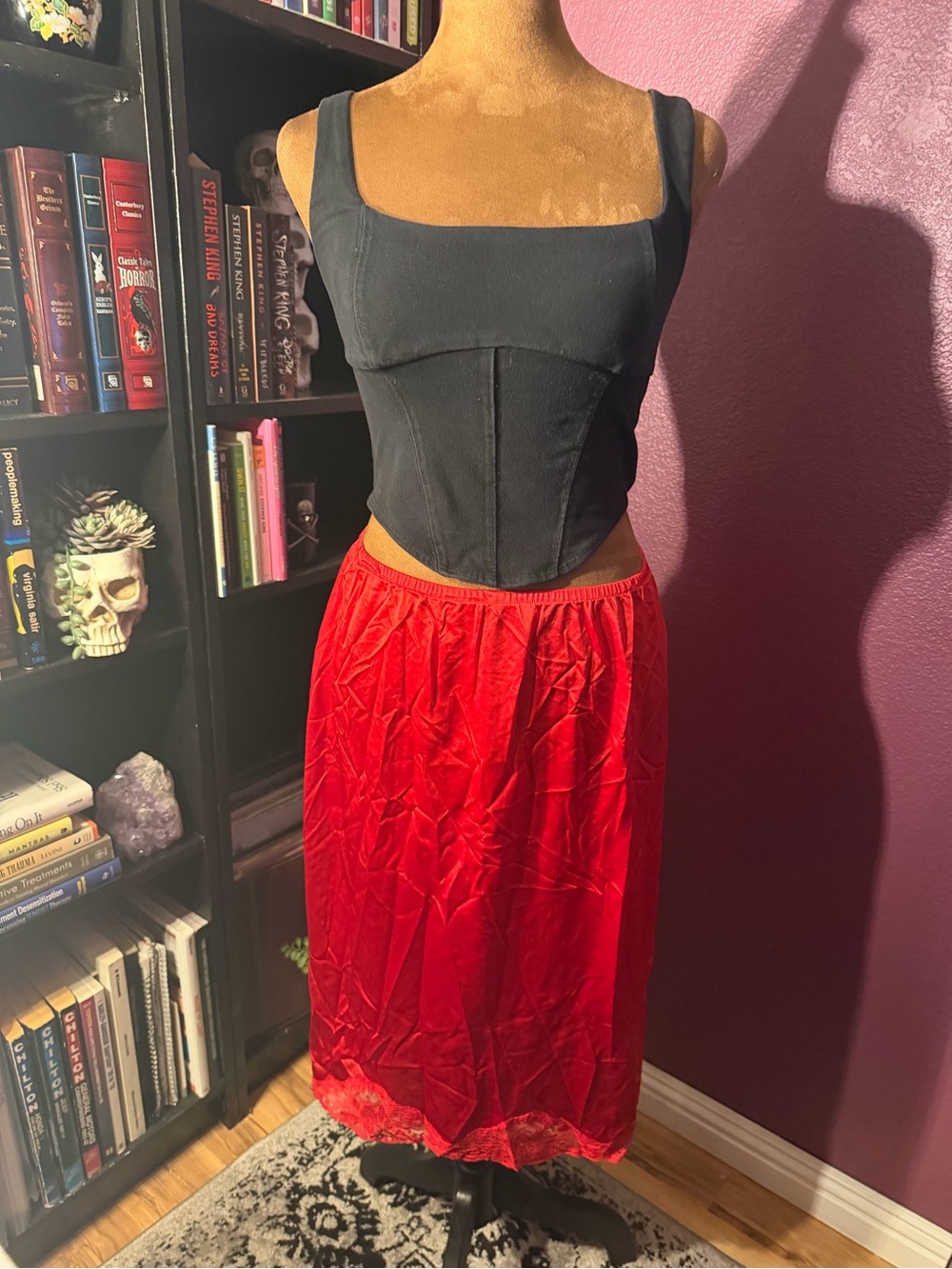 Vtg Olga Red Midi Slip Skirt